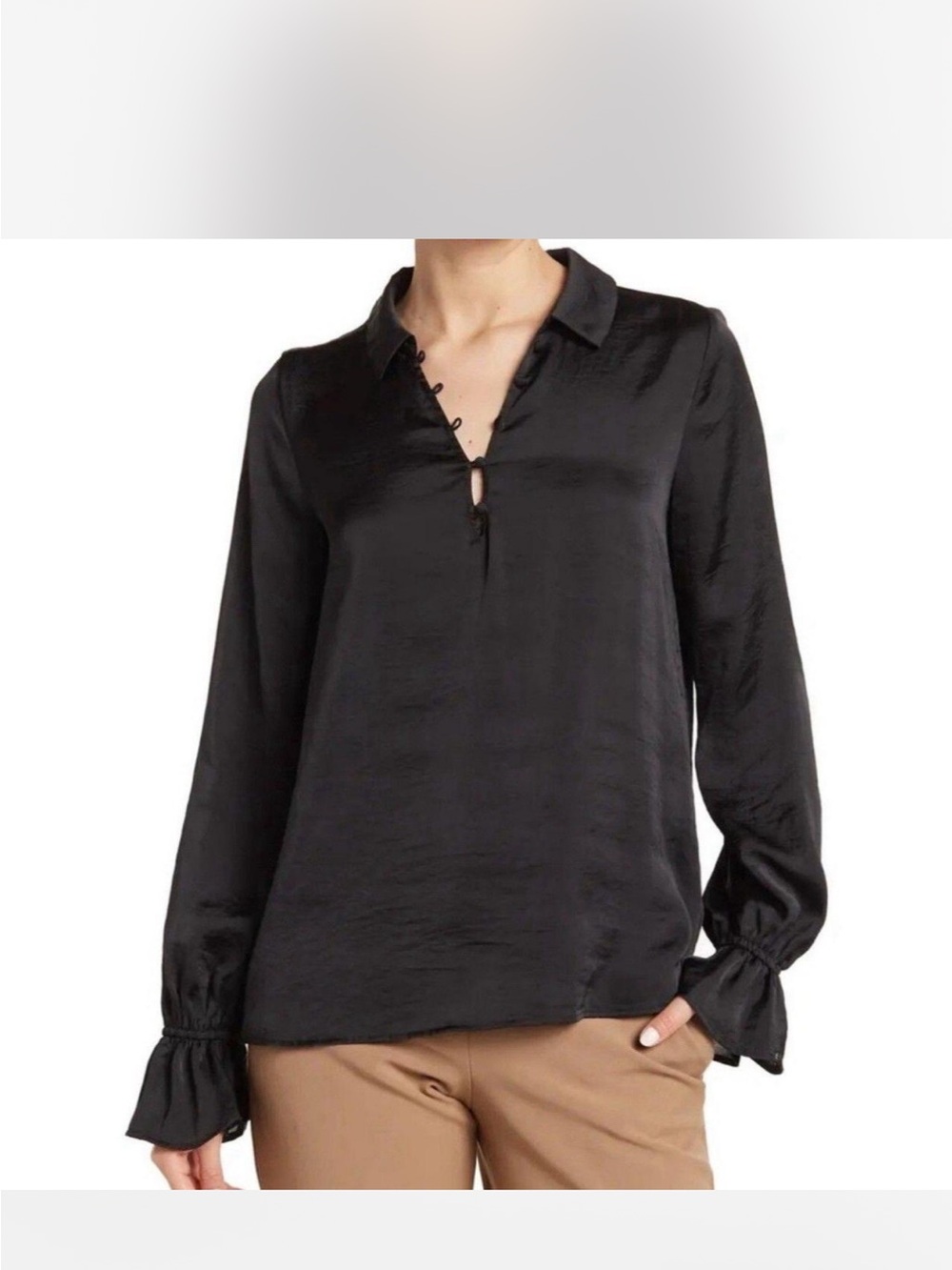 Paige Black Satin Long-Sleeve V-Neck Blouse
